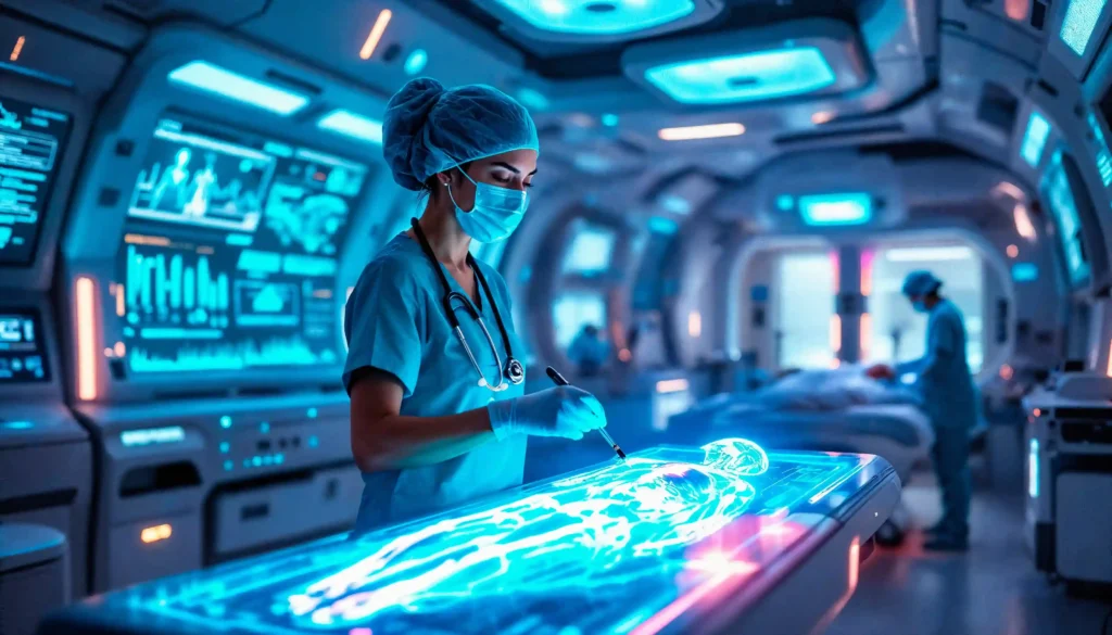 Medical professional using advanced holographic technology in UAE hospital