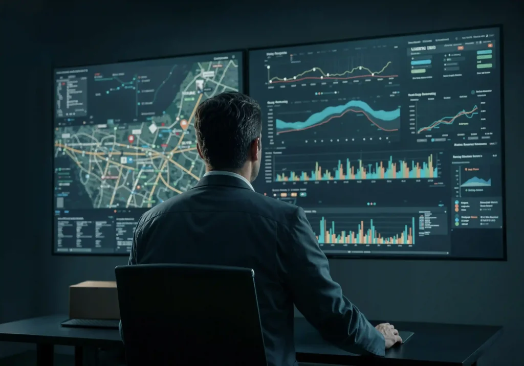 Analyst examining complex data visualizations on large screens