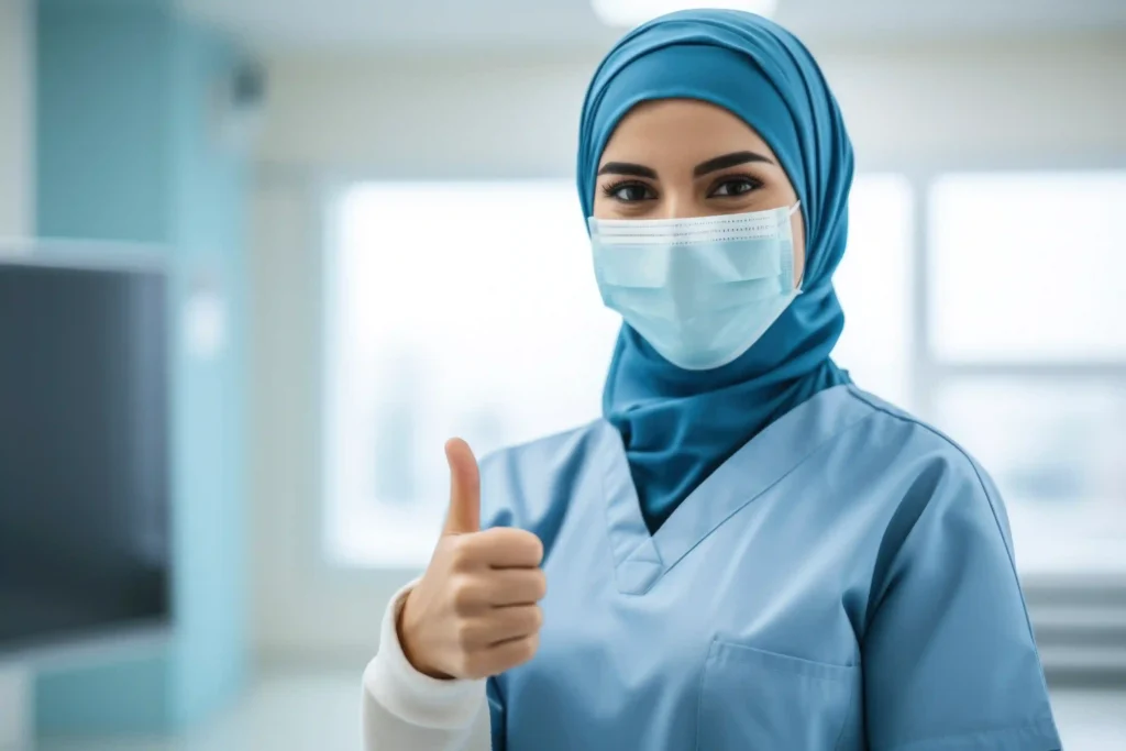 Nurse in modern UAE hospital giving a thumbs up