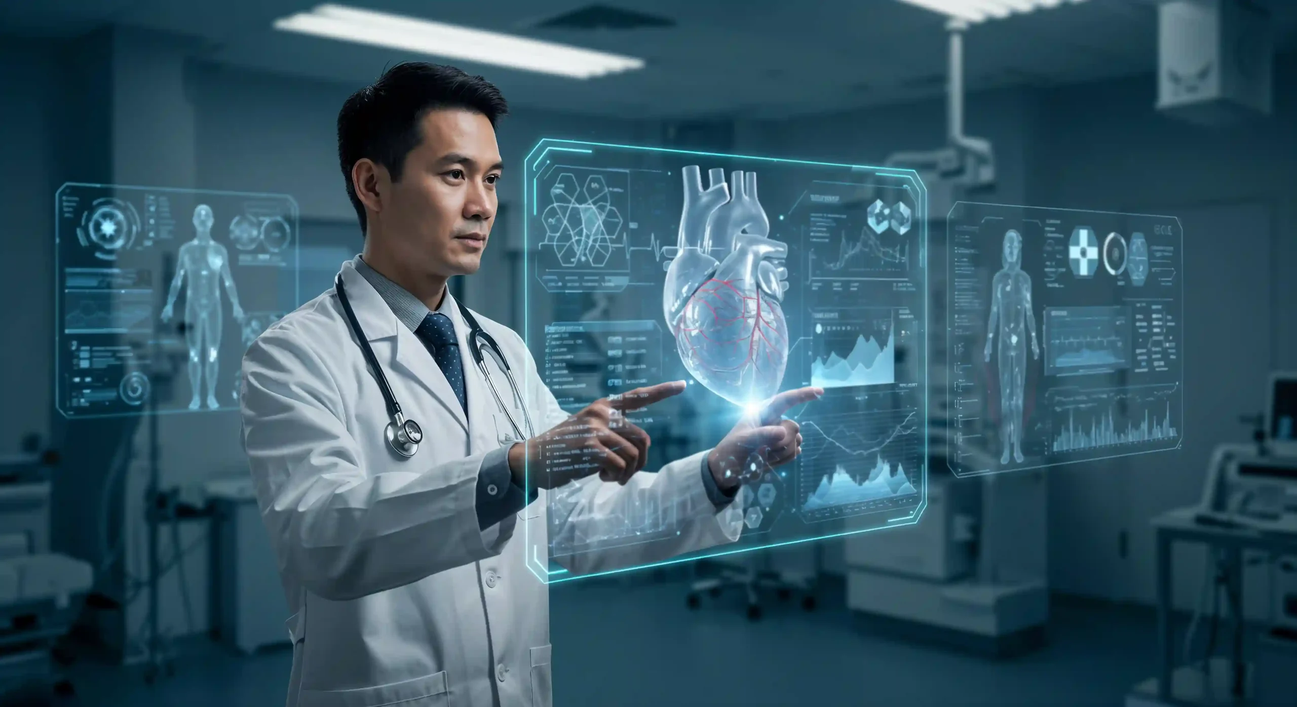 Doctor interacting with AI-powered holographic heart display