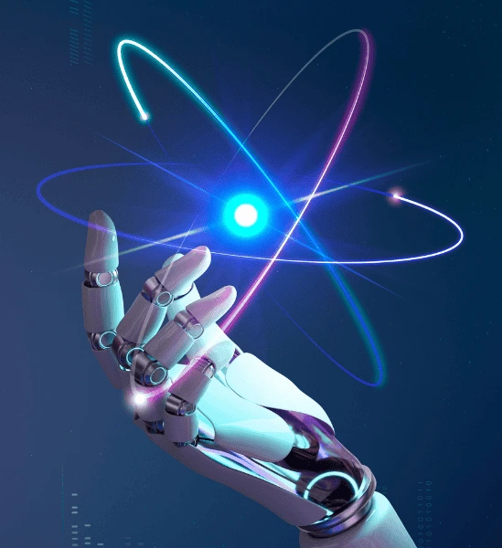 Robotic hand holding glowing atom with neon light trails