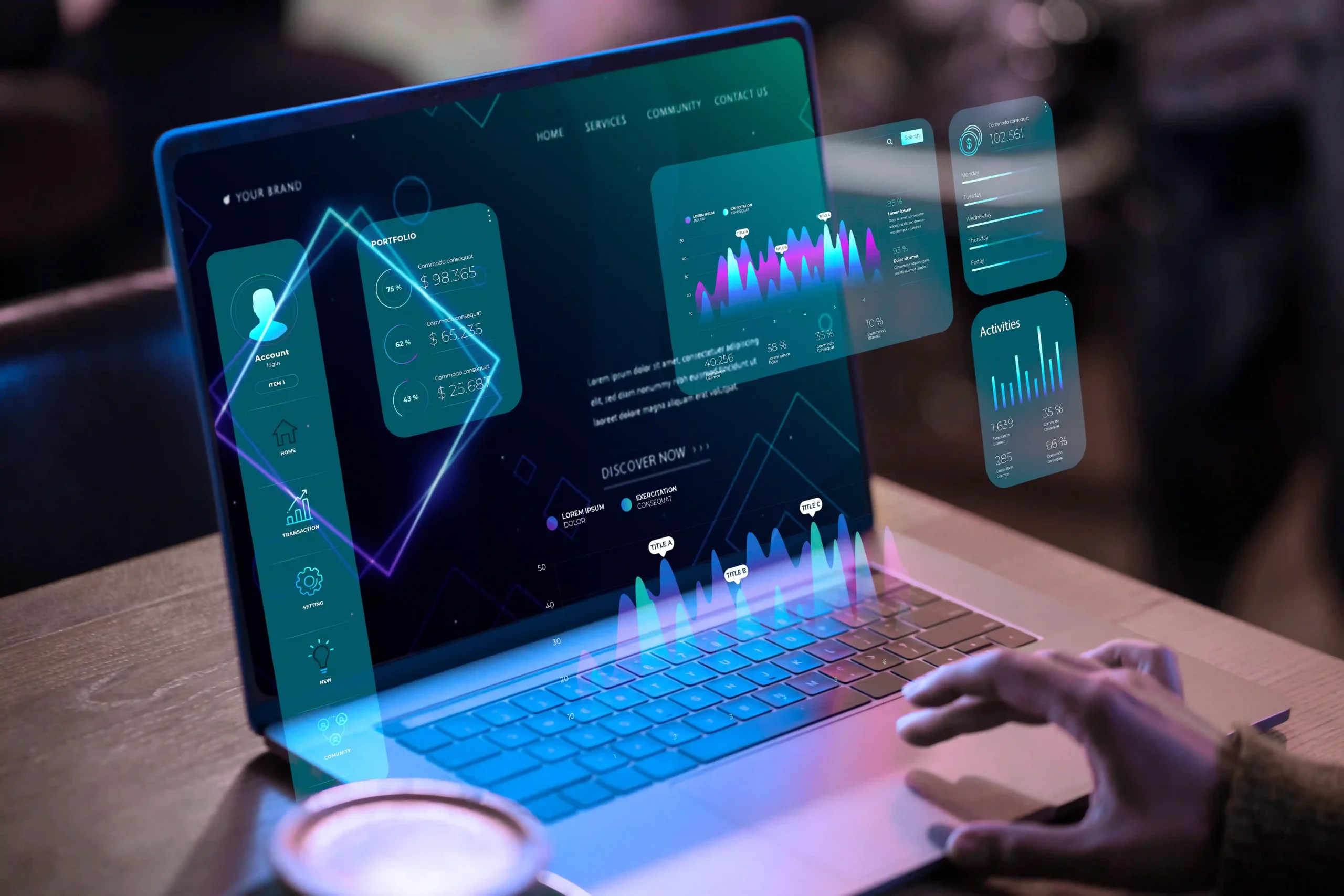 Innovative laptop setup showing holographic analytics dashboards and charts