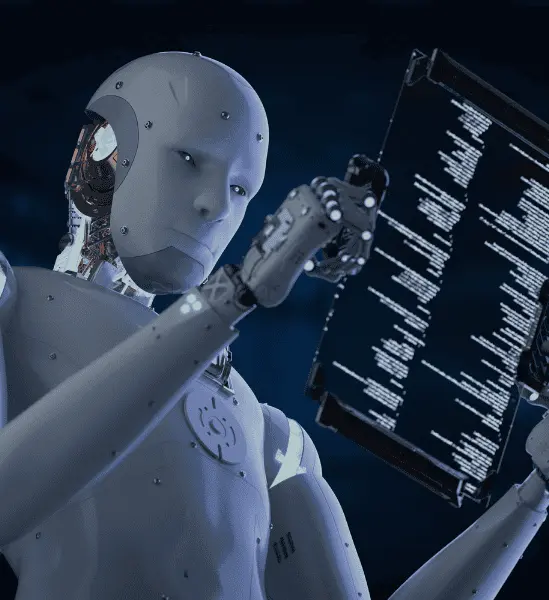 Humanoid robot analyzing digital data on a transparent screen
